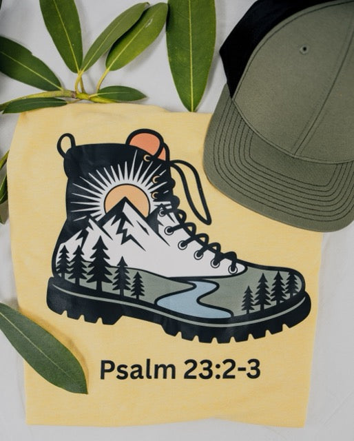 Christian Hiking Shirt, Psalm 23:2-3 Nature Graphic Tee