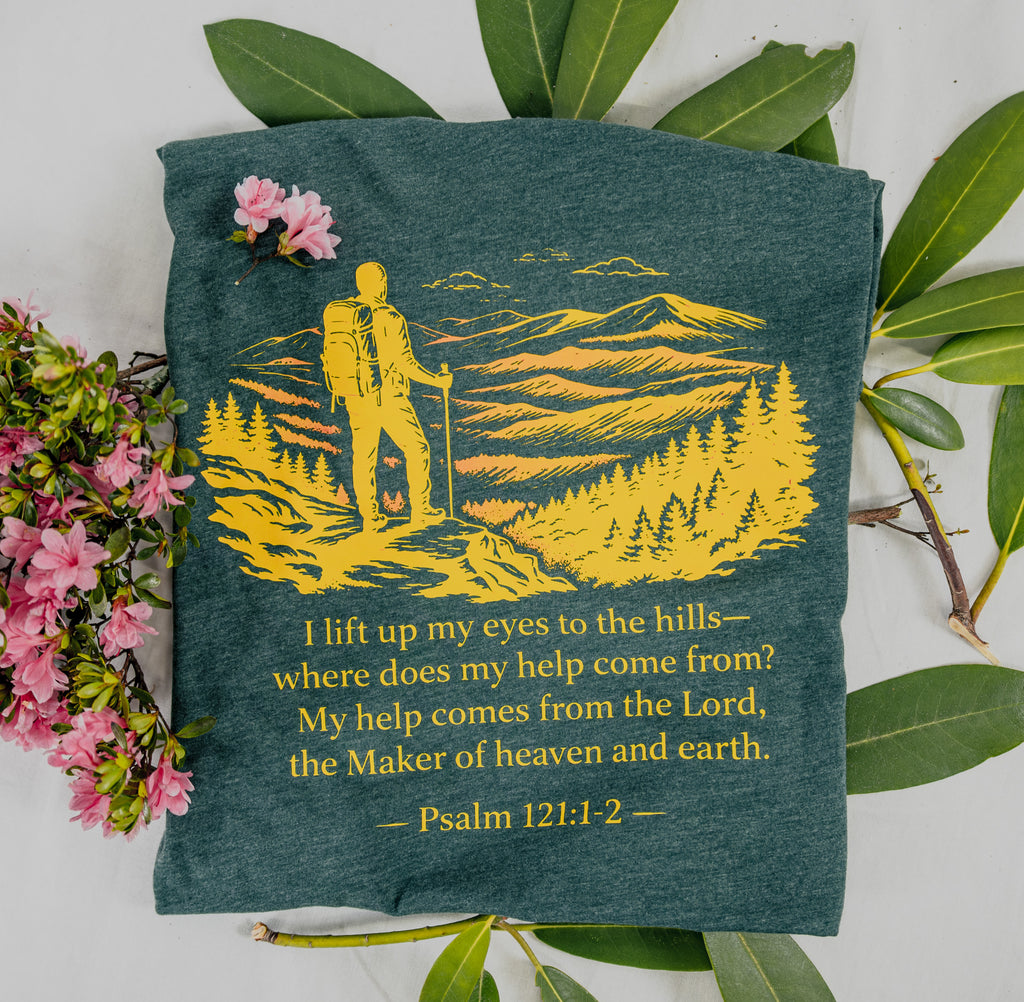 Christian Hiking Shirt, Psalm 121 Graphic Tee, Mountain Faith Apparel