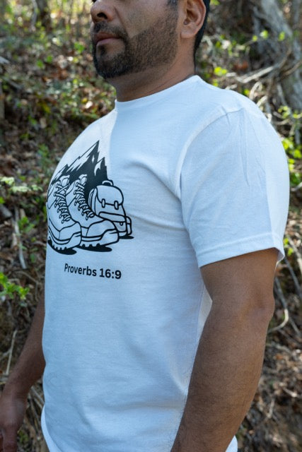 Christian Hiking T-Shirt, Proverbs 16:9 Faith Outdoor Tee