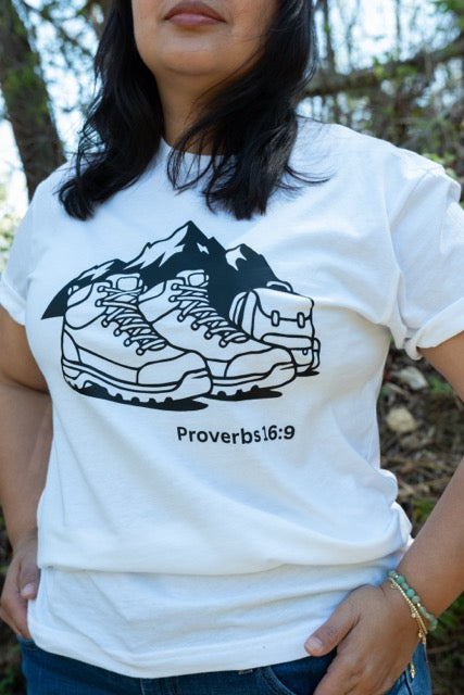 Christian Hiking T-Shirt, Proverbs 16:9 Faith Outdoor Tee