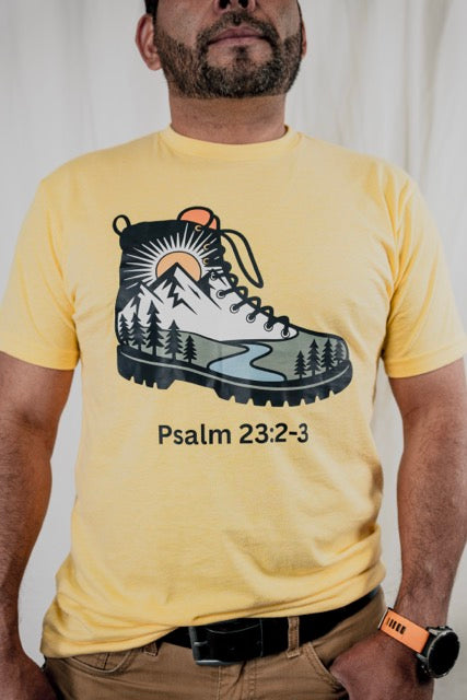 Christian Hiking Shirt, Psalm 23:2-3 Nature Graphic Tee