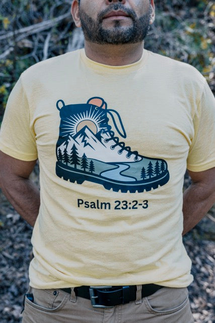 Christian Hiking Shirt, Psalm 23:2-3 Nature Graphic Tee