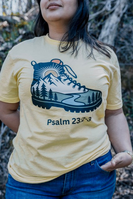 Christian Hiking Shirt, Psalm 23:2-3 Nature Graphic Tee