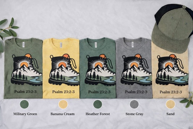 Christian Hiking Shirt, Psalm 23:2-3 Nature Graphic Tee