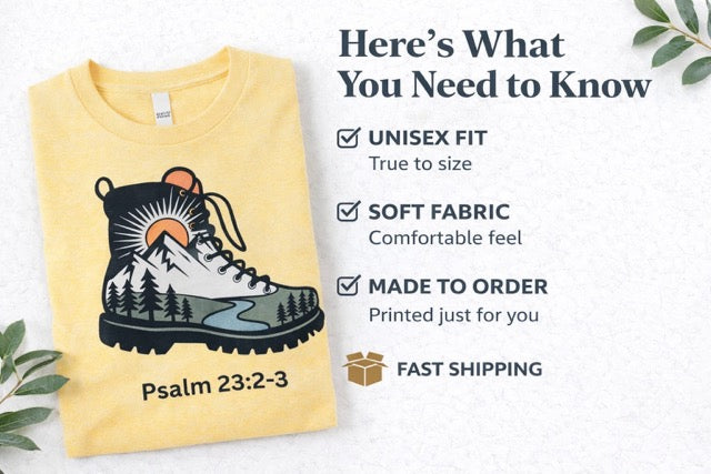Christian Hiking Shirt, Psalm 23:2-3 Nature Graphic Tee