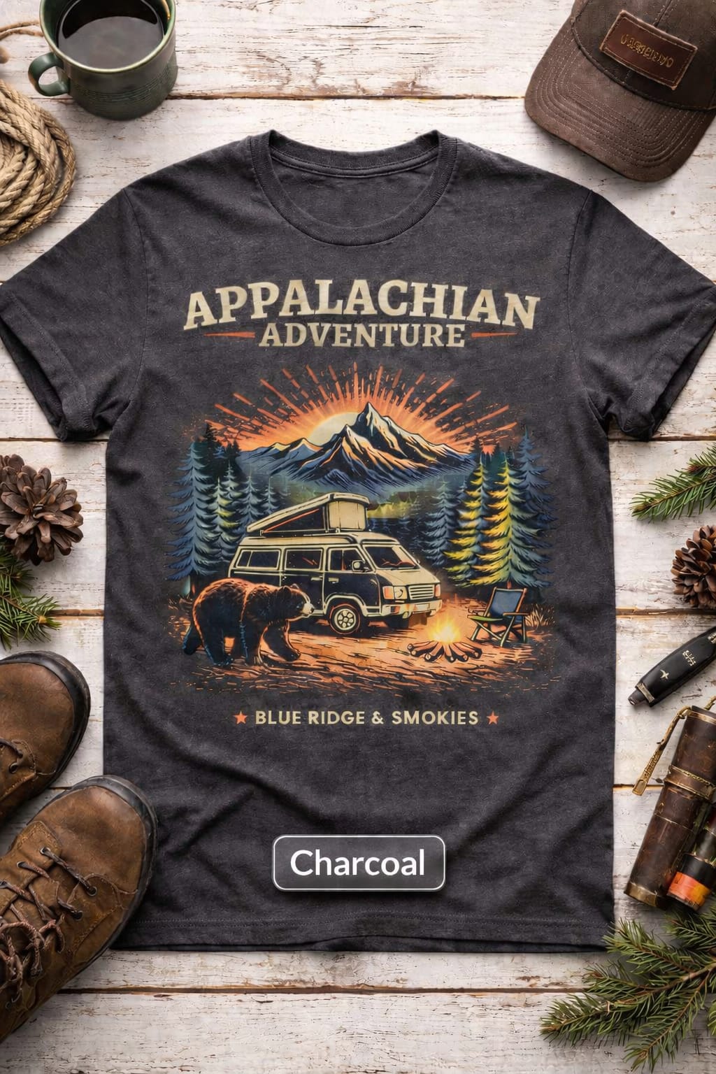 Appalachian Adventure Shirt, Blue Ridge Mountains Van Life Tee, Camping Bear Nature Shirt