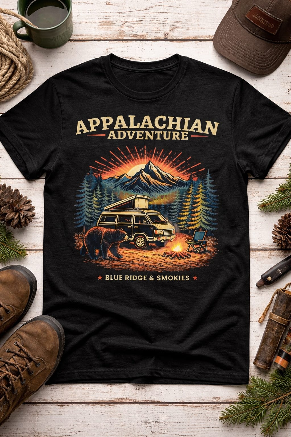 Appalachian Adventure Shirt, Blue Ridge Mountains Van Life Tee, Camping Bear Nature Shirt